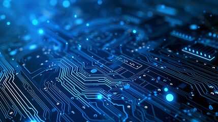 Electronic circuit board close-up computer chip, blue cyber circuit future technology concept background - obrazy, fototapety, plakaty