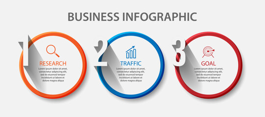 business infographic 3 parts or steps, there are icons, text, numbers. Can be used for presentation banners, workflow layouts, process diagrams, flow charts, infographics, your business presentations