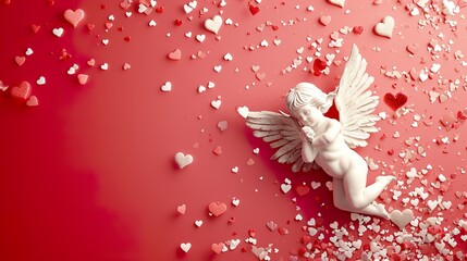 valentine background with angel cupid  hearts and confetti - obrazy, fototapety, plakaty