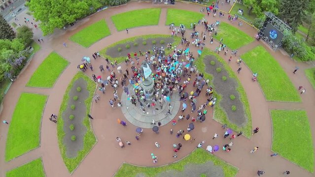 MGU square with crowd of students near monument of Lomonosov