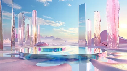Wandcirkels aluminium surreal landscape with round podium in the water and colorful sand © fledermausstudio