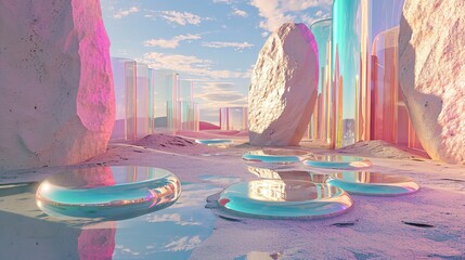 surreal landscape with round podium in the water and colorful sand
