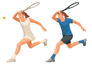 Vector isolated figure of a women's tennis girl player in a blue uniform and white dress who runs forward hitting the ball with a racket