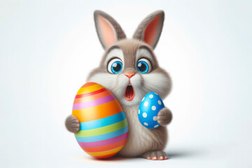 happy bunny with big colorful easter egg with bulging big eyes on solid white background. ai generative