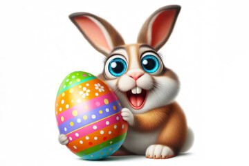happy bunny with big colorful easter egg with bulging big eyes on solid white background. ai generative