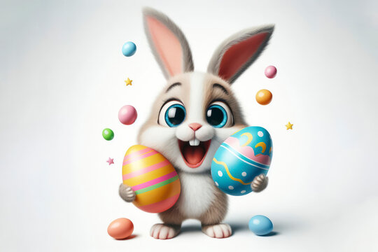 happy bunny with big colorful easter egg with bulging big eyes on solid white background. ai generative