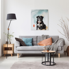Stylish and scandinavian living room interior of modern apartment with gray sofa, design wooden commode, black table, lamp, abstrac paintings on the wall. Beautiful dog lying on the couch