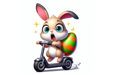 shocked cute bunny with bulging eyes and easter colored egg rides on an electric scooter. ai generative
