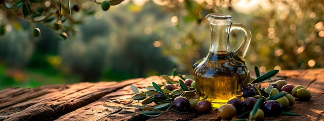 Olive oil on a table in the garden. Selective focus. - obrazy, fototapety, plakaty