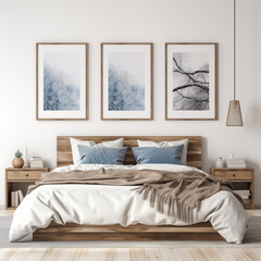 Fototapeta na wymiar Rustic wooden bed with blue pillows and two bedside cabinets against white wall with three posters frames. Farmhouse interior design of modern bedroom