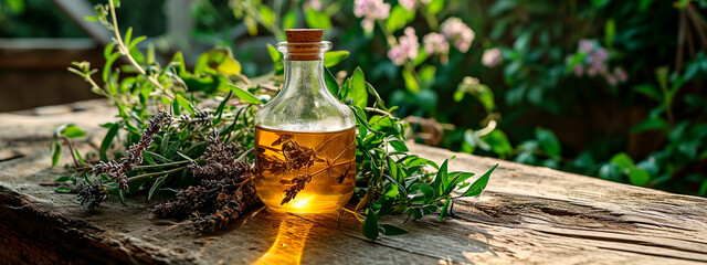 Provencal herbs oil on a table in the garden. Selective focus.