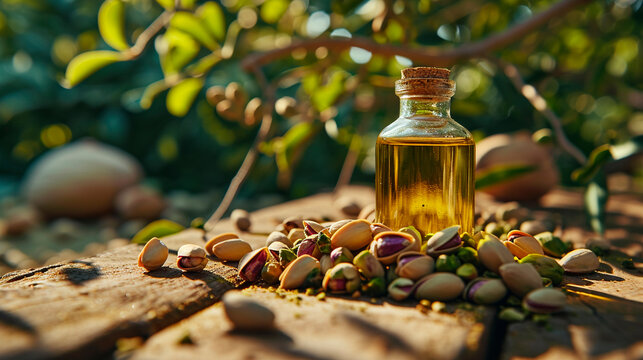 Pistachio oil on a table in the garden. Selective focus.