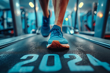 man running on treadmill in fitness center. 2024 new year concept. word 2024 , in fitness club. Cardio workout. Healthy lifestyle - obrazy, fototapety, plakaty