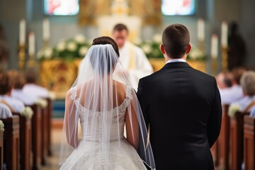 A bride and groom at the altar of a church during the wedding ceremony.