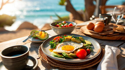 Breakfast avocado eggs and coffee by the sea. Selective focus. - obrazy, fototapety, plakaty