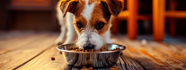 The dog eats food. Selective focus. - obrazy, fototapety, plakaty