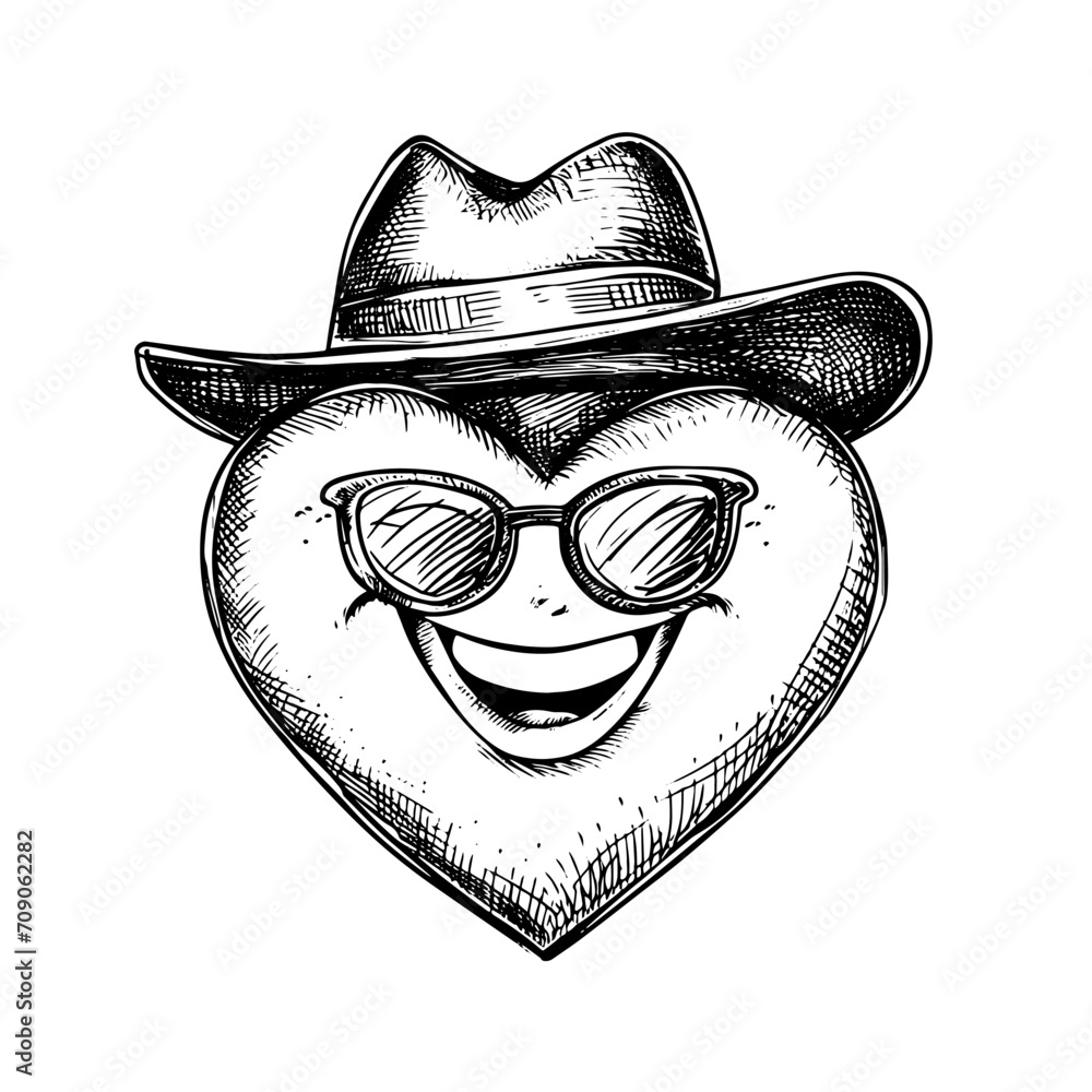 Poster heart smiles in glasses and hat. hand drawn isolated on white background. design for greeting card, 