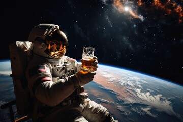 An astronaut having a drink in space with planet earth in the background.