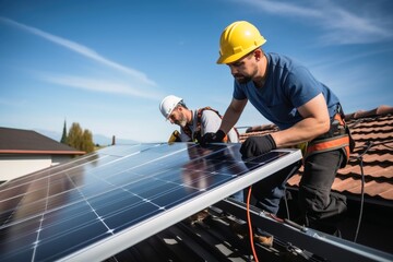 An electrician installing a solar panel system on the roof of a house.
