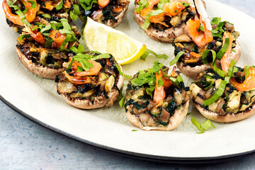 Baked mushroom caps and shrimp