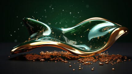 Abstract art of a gold and green paint splash with sparkling droplets and a dynamic swirl, set against a dark background.