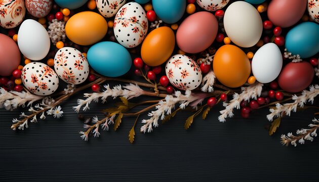 easter eggs and flowers background. easter eggs background in celebration of Easter. Colourful easter eggs flat lay. Decorated easter eggs on black background