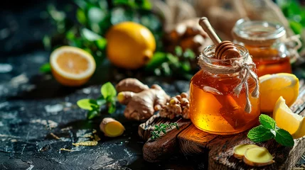 Fotobehang ginger lemon and honey on the table. Selective focus. © Erik