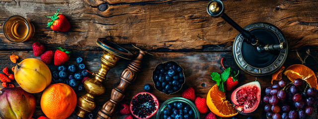 hookah in smoke with fruit. Selective focus. - obrazy, fototapety, plakaty
