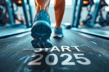 Text Start 2025 Fitness and healthy lifestyle. Close-up of a woman running on a treadmill in fitness club. - obrazy, fototapety, plakaty