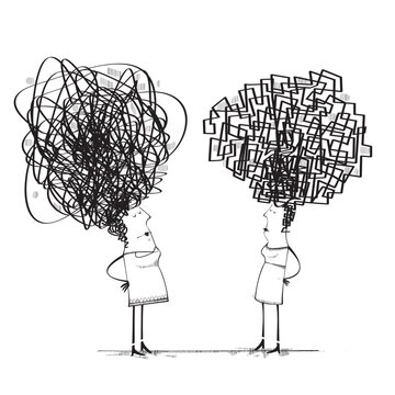 Two women with scribble haircuts