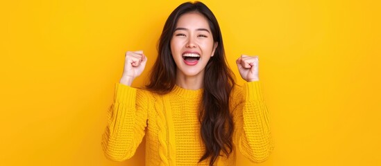 Joyful Asian woman celebrating an online victory, happy about positive news, motivated by success and new opportunity. - obrazy, fototapety, plakaty