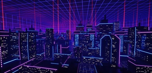 Neon urban future. Panorama of a futuristic city. Wallpaper in a cyberpunk style. 3D illustration. Huge futuristic skyscrapers glowing with neon light against the blue grid night sky.