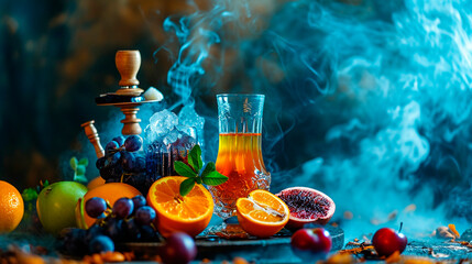 hookah in smoke with fruit. Selective focus. - obrazy, fototapety, plakaty