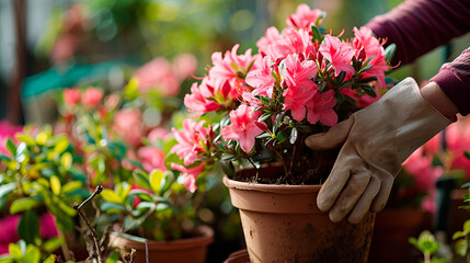 A gardener takes care of azaleas in the garden. Selective focus.