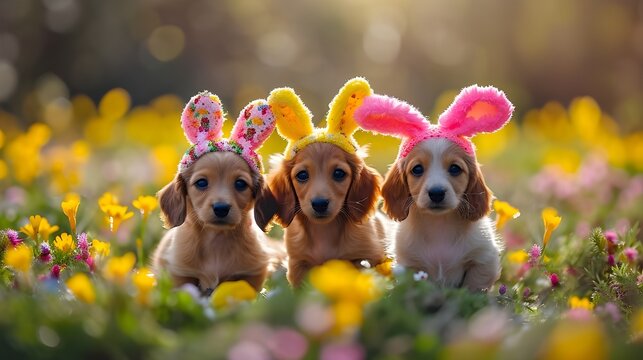 Happy Easter Holiday concept. Cute Dachshund puppy dog wearing easter bunny costume, colourful surreal flower garden background. Spring festive season greeting card wallpaper, unique 3d digital art