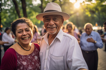 Obraz premium Older Hispanic couple enjoy dancing together in a public park in the city