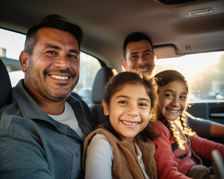 Hispanic homoparental family inside a car while visiting a city