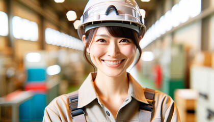 作業現場で働く若い日本人女性。AI画像。