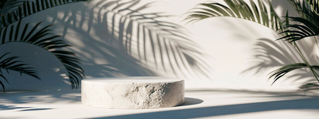 Podium for cosmetic products and palm leaves. Selective focus.