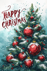 christmas poster, with title text "HAPPY CHRISTMAS" scribble written, green, red, white background. AI generative