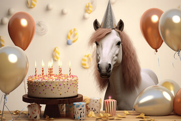 horse near a birthday cake with candles, in a festive cap among confetti and balloons, brown color