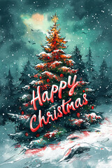 christmas poster, with title text "HAPPY CHRISTMAS" scribble written, green, red, white background. AI generative