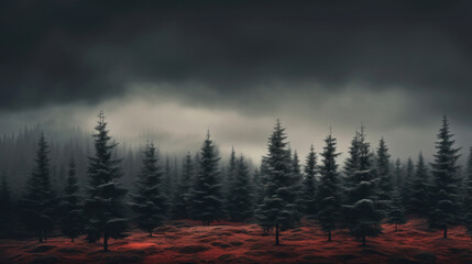 A hauntingly beautiful mystical forest scene with dense fog and a striking red undergrowth, evoking...