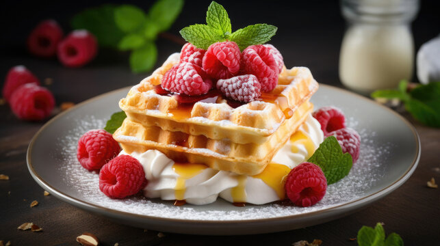 waffles and fresh raspberries lie on the curd cream, sprinkled with powdered sugar, mint leaves
