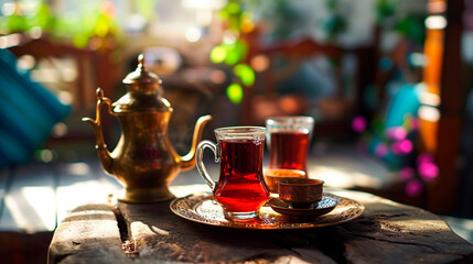 Turkish tea on the table. Selective focus. - obrazy, fototapety, plakaty
