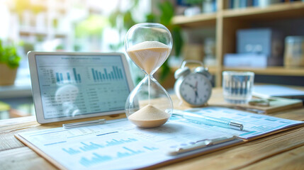 hourglass on a table with financial charts. A tablet, clock, glass of water, and office supplies are also on the desk