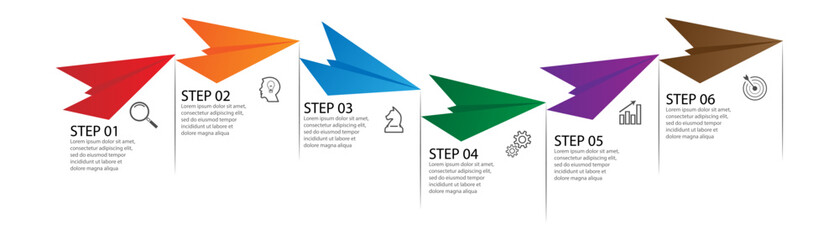 business infographic 6 parts or steps, there are icons, text, numbers. Can be used for presentation banners, workflow layouts, process diagrams, flow charts, infographics, your business presentations