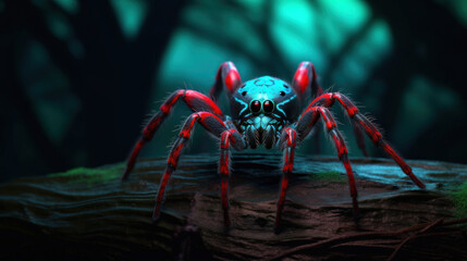 A striking image of a surreal blue spider with red leg accents, poised on a dark surface with a mysterious green backdrop.