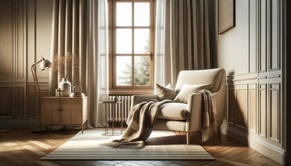 comfortable armchair with a soft plaid near a window with a wooden frame and shutters, set in a lounge room