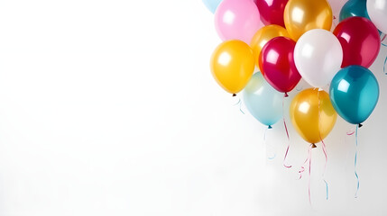 colorful balloons and confetti for a holiday celebration like birthday anniversary. wallpaper background for ads or gifts wrap and web design. white blank wall. - obrazy, fototapety, plakaty